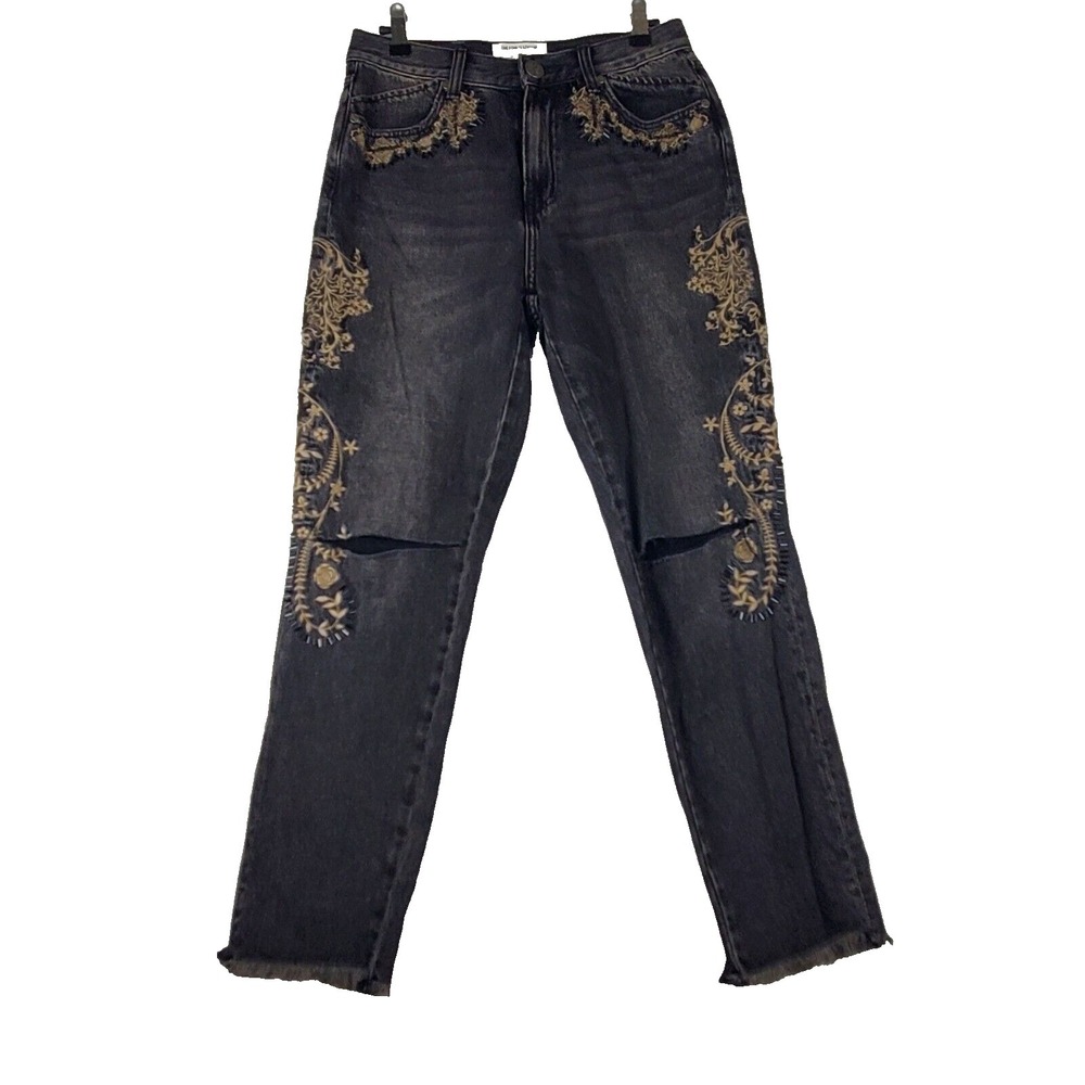 One X One Teaspoon Jeans Women's 28 Black Denim Raw Hem ‎ Embroidered Distressed